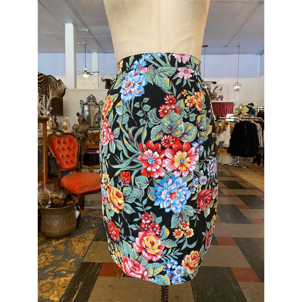 1980s denim skirt and jacket bright flower print 80s fashion 2 piece jean sm - Picture 4 of 10